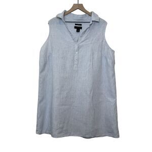 100% Linen Sleeveless Collared Blue and White Striped Dress Size 2XL Tahari